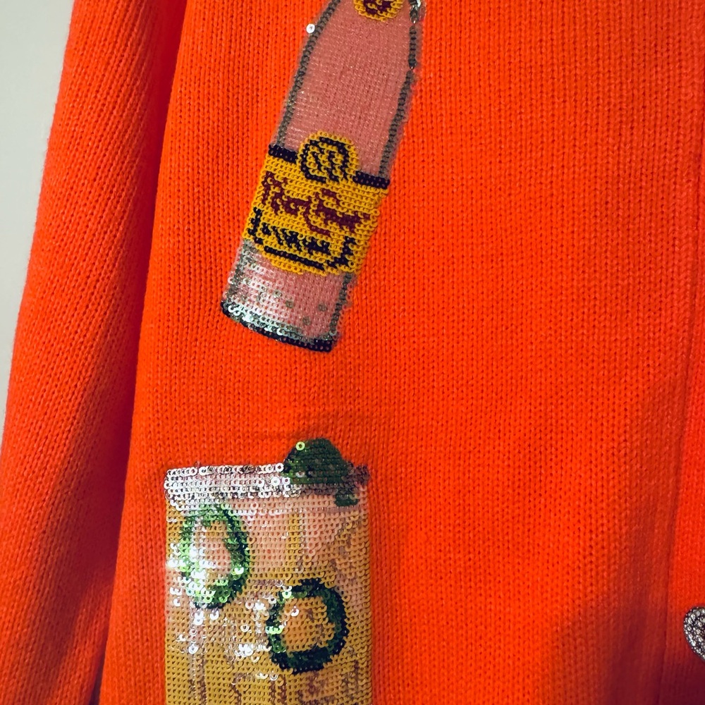 Queen Of Sparkles Vibrant Orange Women's Sweater with Fun Drink Motifs - Picture 4 of 5